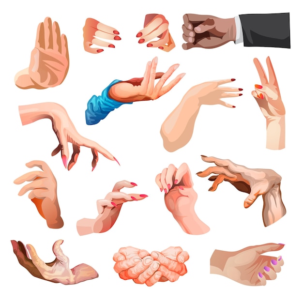 Hands poses Female and male hand holding and pointing gestures fingers crossed fist peace and thumb up Cartoon human palms and wrist vector set Communication or talking with emoji for messengers