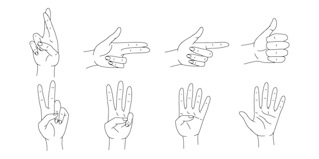 Hands poses vector set Various hand gestures line art Vector illustration isolated on white