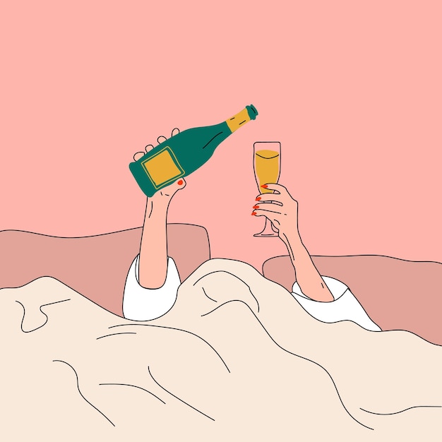 Hands pouring Champagne into a glass in bed. Vector. Morning celebration