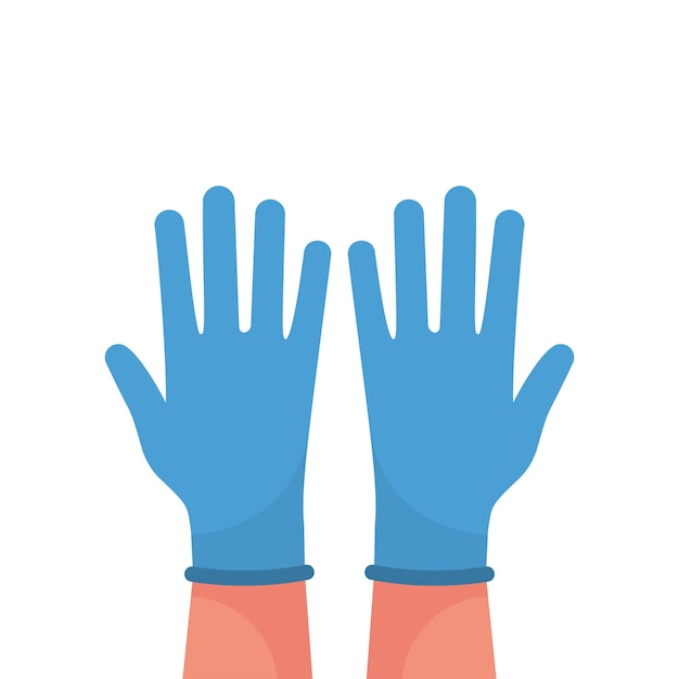 Hands putting on protective blue gloves Latex gloves as a symbol of protection against viruses and bacteria Precaution icon Vector illustration flat design Isolated on white background