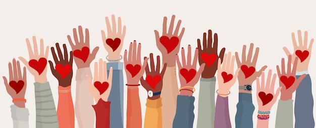 Hands raised Group of diverse people with heart in hand Charity donation and volunteer NGO Aid