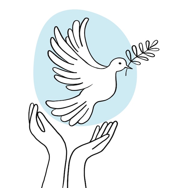 Hands release a flying pigeon with a branch Dove of peace on a background of blue sky