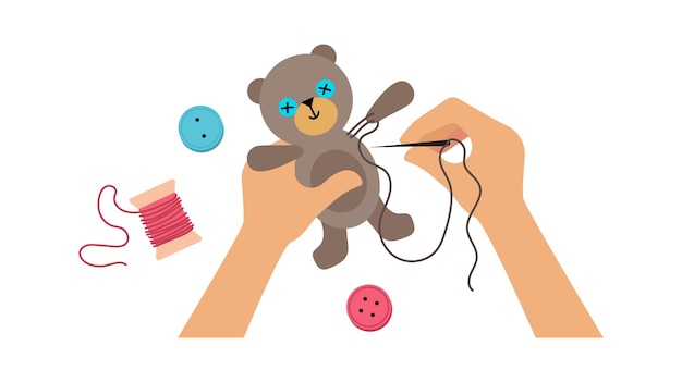 Hands sewing toy Kids lab workshop for children or adults Hand made bear buttons and threads vector illustration