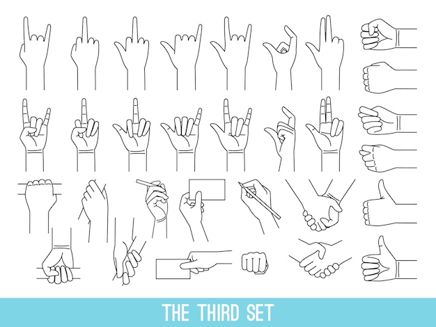 Hands showing gestures outline illustrations set. Arm holding bar, handrail isolated cliparts on white background.