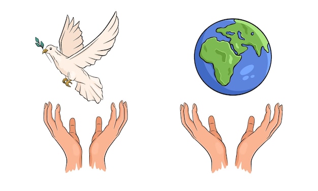 Hands support the planet earth and a flying dove World peace concept Men's Day of Peace Hand drawn