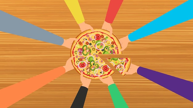 Hands taking pizza slices from a table vector Delicious pizza vector with different kinds of hands Pizza with so many toppings Taking pizza slice from the table concept Family holding pizza