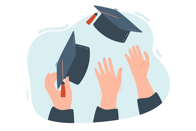 Hands throwing graduate caps flat vector illustration. Students in gown throwing academic caps, bonnets in air after graduation, celebrating completion of bachelors degree. Education, studying concept