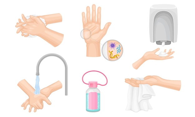 Hands Washing and Cleansing Using Soap Dispenser and Antibacterial Wet Wipes Vector Illustrations Set