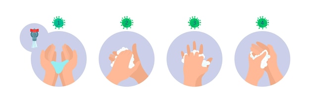 Hands washing icons set Hygiene poster for proper hands wash during Covid19 Cartoon sequence instruction for soap use