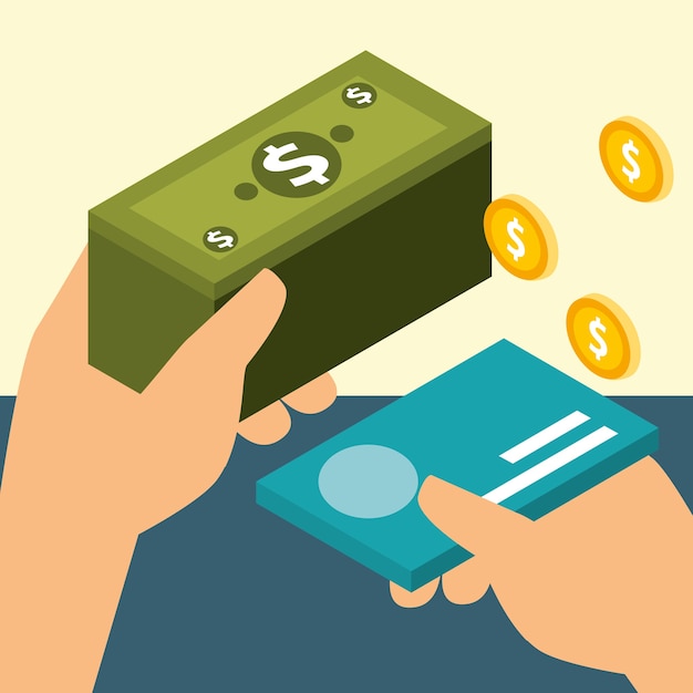 hands with bank card and banknote coins money isometric