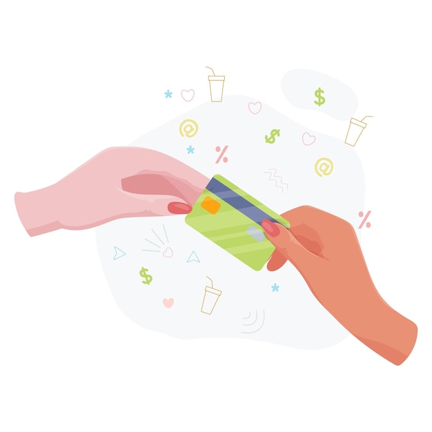 Hands with bank card Counting transferring giving receiving squeezing and showing money Payment for goods by credit card Charity Bank operations Vector illustration