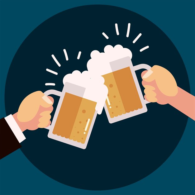 Hands with beer mugs celebration alcohol celebration, cheers  illustration