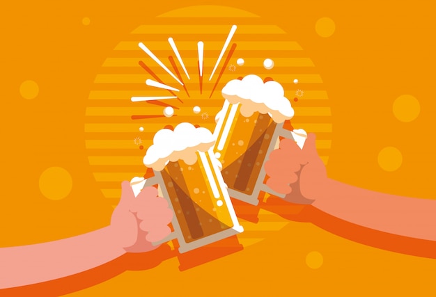 Hands with beers jars toast isolated icon