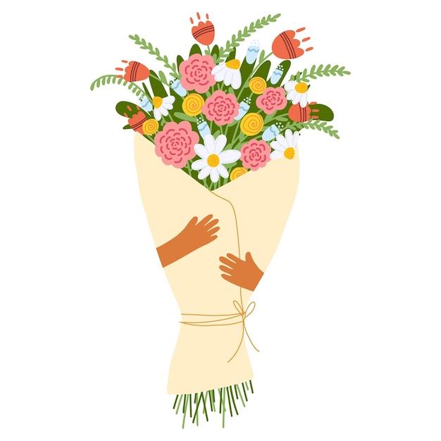 Hands with bouquet of flowers in cartoon flat style Women s day March 8 mother day Valentine s Day