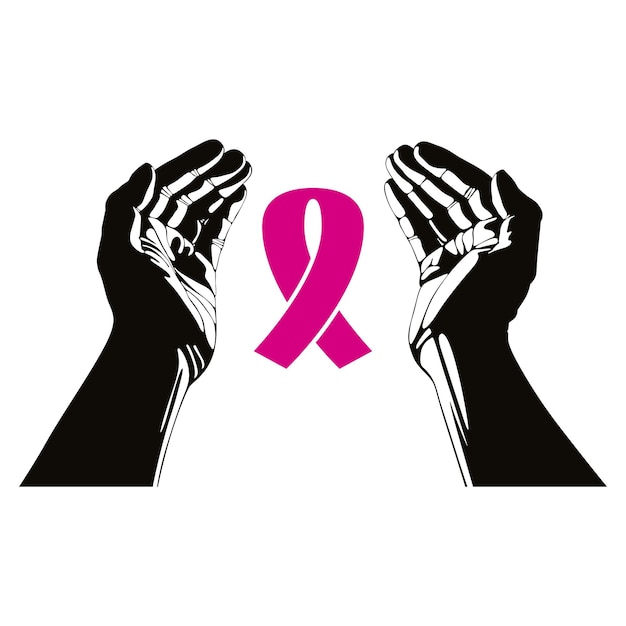 Hands with breast cancer ribbon vector symbol.