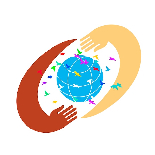 Hands with earth people of the world holding the globe flat vector sticker poster