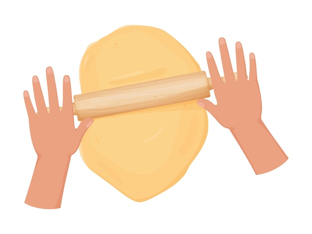 Hands with fresh dough and rolling pin Rolled out dough for baking pizza cookie biscuit bread