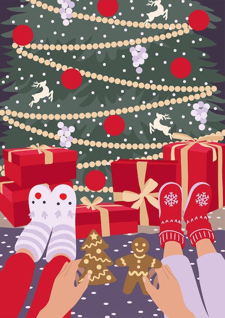 Hands with gingerbreads Christmas tree and gifts Flat lay illustration