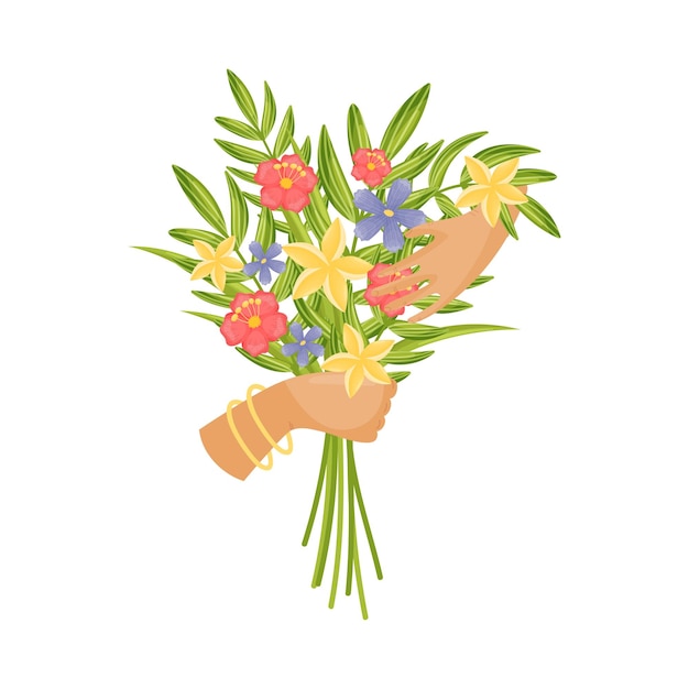 Hands with golden bracelets hold a bouquet of blue red and yellow flowers with leaves Vector illustration on a white background