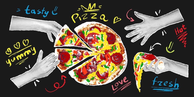 Vector hands with a halftone effect are reaching for a large pizza in retro collage style