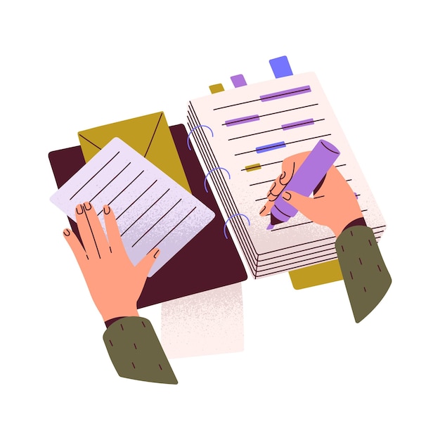 Hands with highlighter marker and papers Person highlight information in notebook study homework Woman do mark in journal write note Flat isolated vector illustration on white background