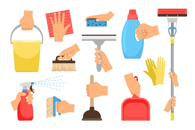 Hands with household equipment. Clean and dust houseworker hand set, household manipulations with spray detergents and cleaning tools