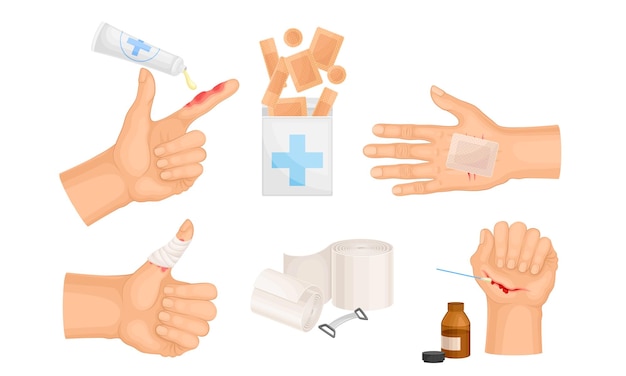 Hands with Injured Skin and Procedures of Bandaging and Wound Cleaning Vector Set