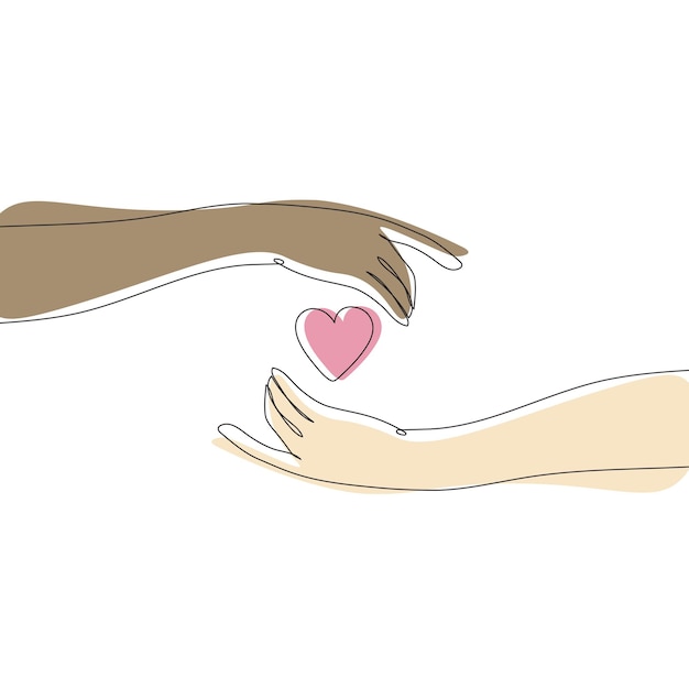 Vector hands with love for valentines one line drawing on white isolated background