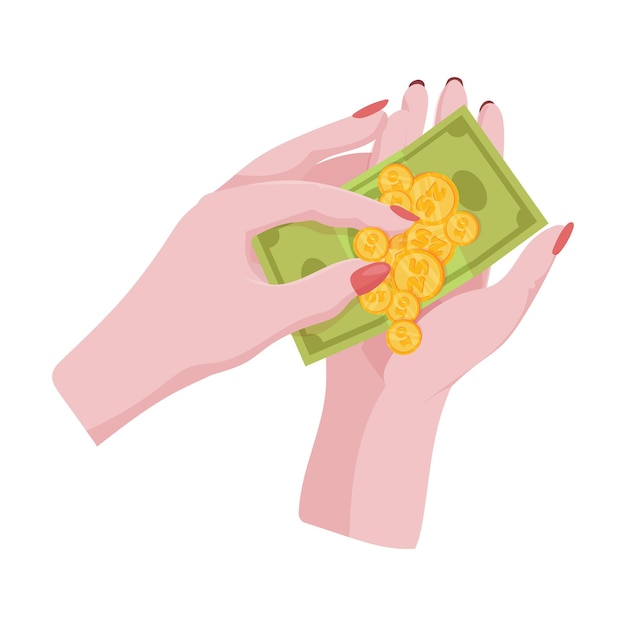 Hands with money Counting giving giving receiving squeezing and showing money Payment for goods Charity Banking operations with cash Vector illustration