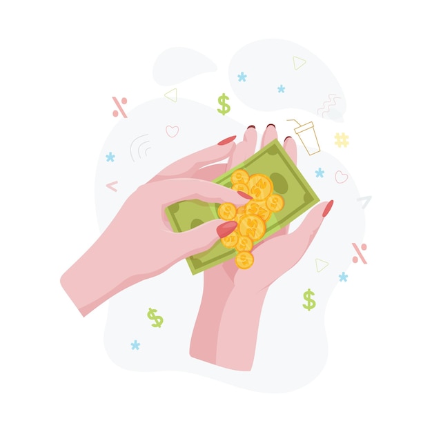 Hands with money Counting giving giving receiving squeezing and showing money Payment for goods Charity Banking operations with cash Vector illustration