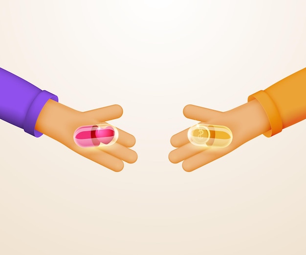 Hands with pills The concept of choosing between love and money