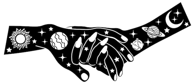 Hands with planets celestial design silhouette art