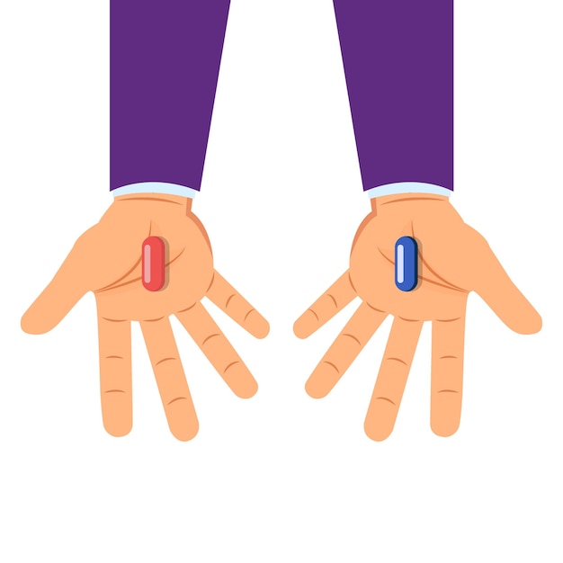 Hands with Red and blue pills choice