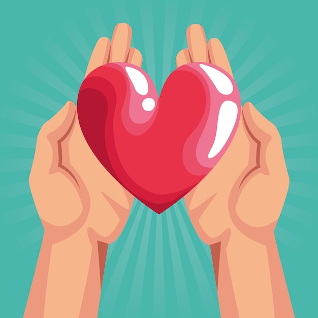 Hands with red heart over turquoirse