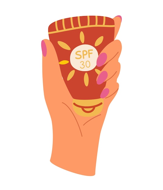 Hands with sunscreen cream tubes and bottles of sunscreen products with SPF Summer cosmetic Sunblock skin protection skin care products Vector Hand draw illustration