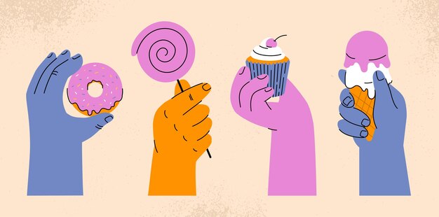 Vector hands with sweets set blue and yellow arms with donught cake and lollipop candies and pastry