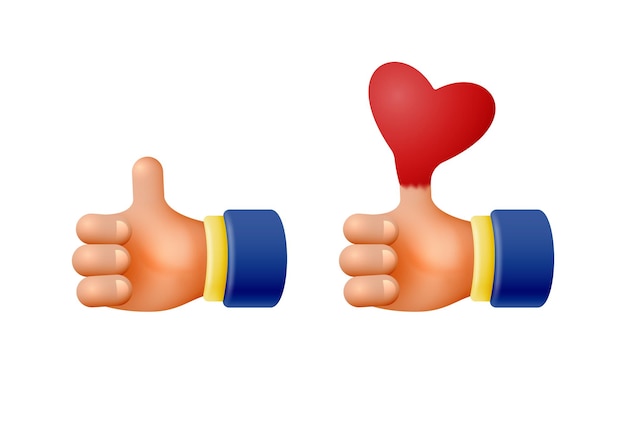 Hands with thumb up and heart up Set of vector 3D icons