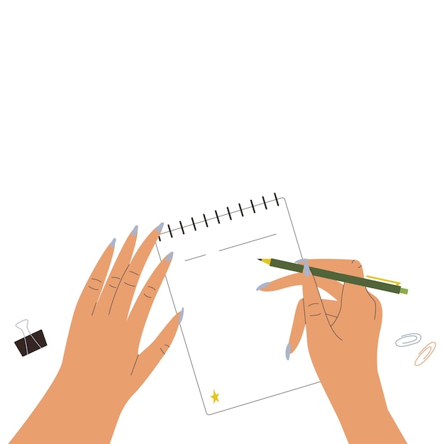 Vector hands write in a notebook. business concept