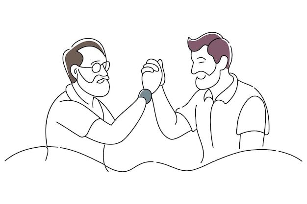 Hands of a young man and an elderly man fighting doodle continuous line art vector illustration