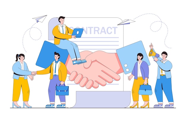 Handshake conclusion of a contract successful partnership cooperation concept with business people character Outline design minimal vector illustration for landing page web banner infographics