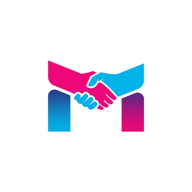 Handshake logo isolated on letter M alphabet Business partnership and union logo design