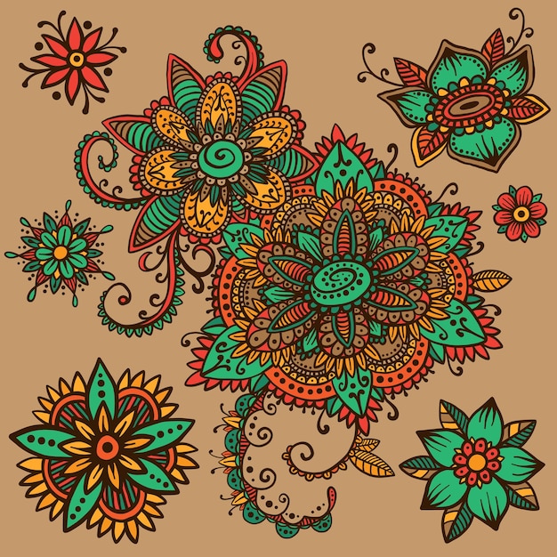 Handsketched set mehndi design elements Henna tattoo ornaments creative paisley doodles