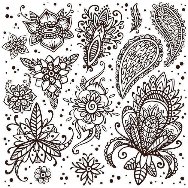 Vector handsketched set mehndi design elements henna tattoo ornaments creative paisley doodles