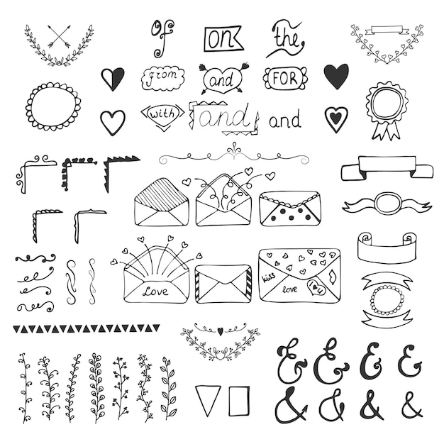 Handsketched vector design elements Hand drawn ampersands catchwords and wedding romantic decor elements