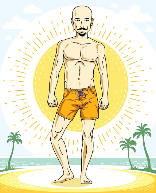 Handsome bald man with stylish beard and whiskers posing on tropical beach in colorful shorts. Vector character. Summer holidays theme.