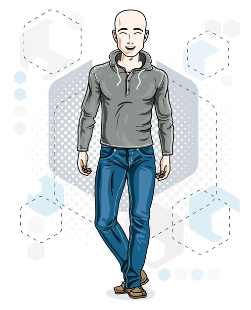 Vector handsome bald young man poses on modern background with hexagons. vector illustration of male. lifestyle theme clipart.