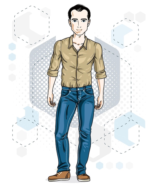 Vector handsome brunet young man poses on modern background with hexagons. vector illustration of male. lifestyle theme clipart.