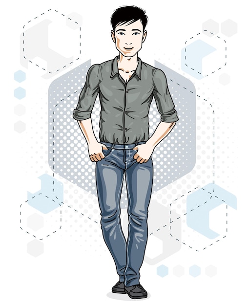 Vector handsome brunet young man poses on modern background with hexagons. vector illustration of male. lifestyle theme clipart.