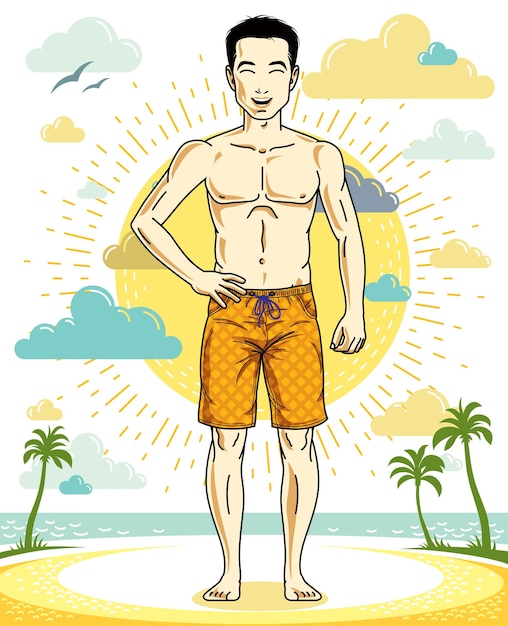 Handsome brunet young man standing on tropical beach in shorts. Vector athletic male illustration. Summer vacation lifestyle theme cartoon.