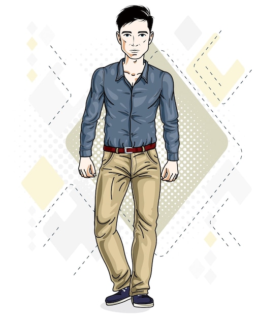 Handsome brunet young man standing. Vector illustration of man wearing stylish casual clothes.